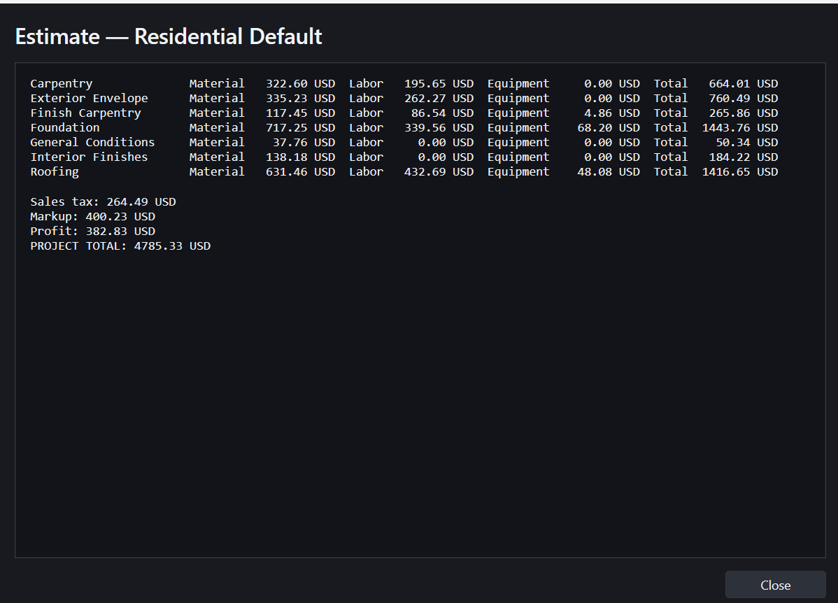 FloorForge residential estimate showing trade, material, labor, equipment and project totals