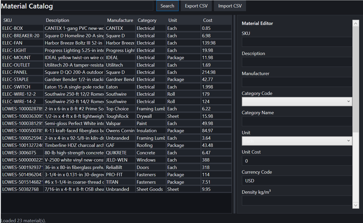 FloorForge material catalog with product records and material editor
