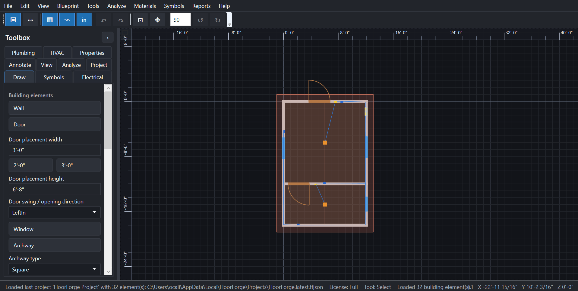 FloorForge CAD workspace showing the drawing toolbox and dark grid canvas